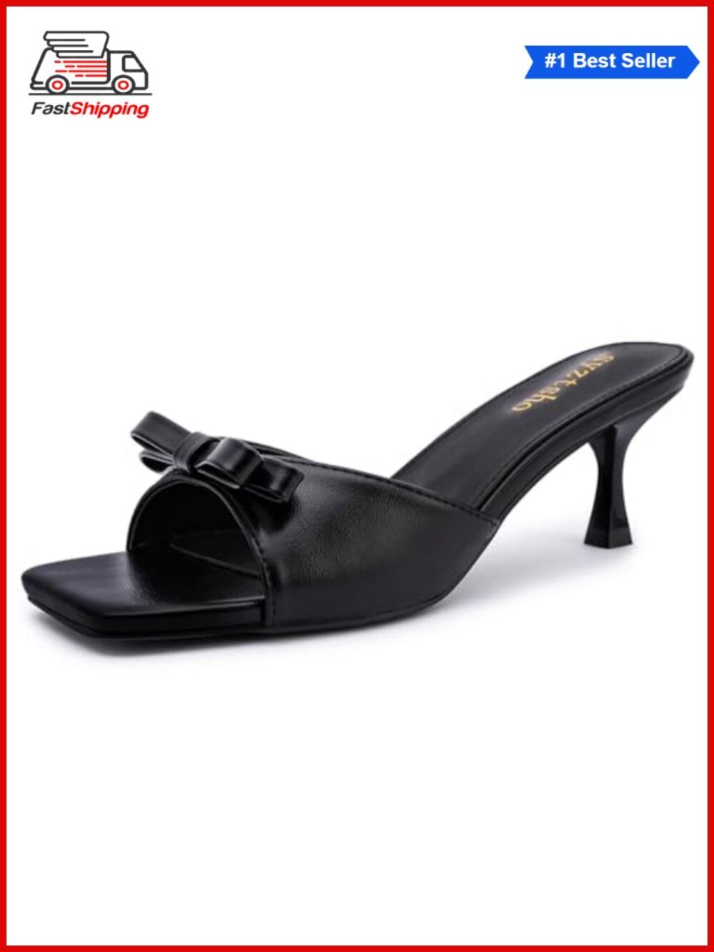 Kitten Heel Sandals Square Open Toe Slip On Mule Heels PU